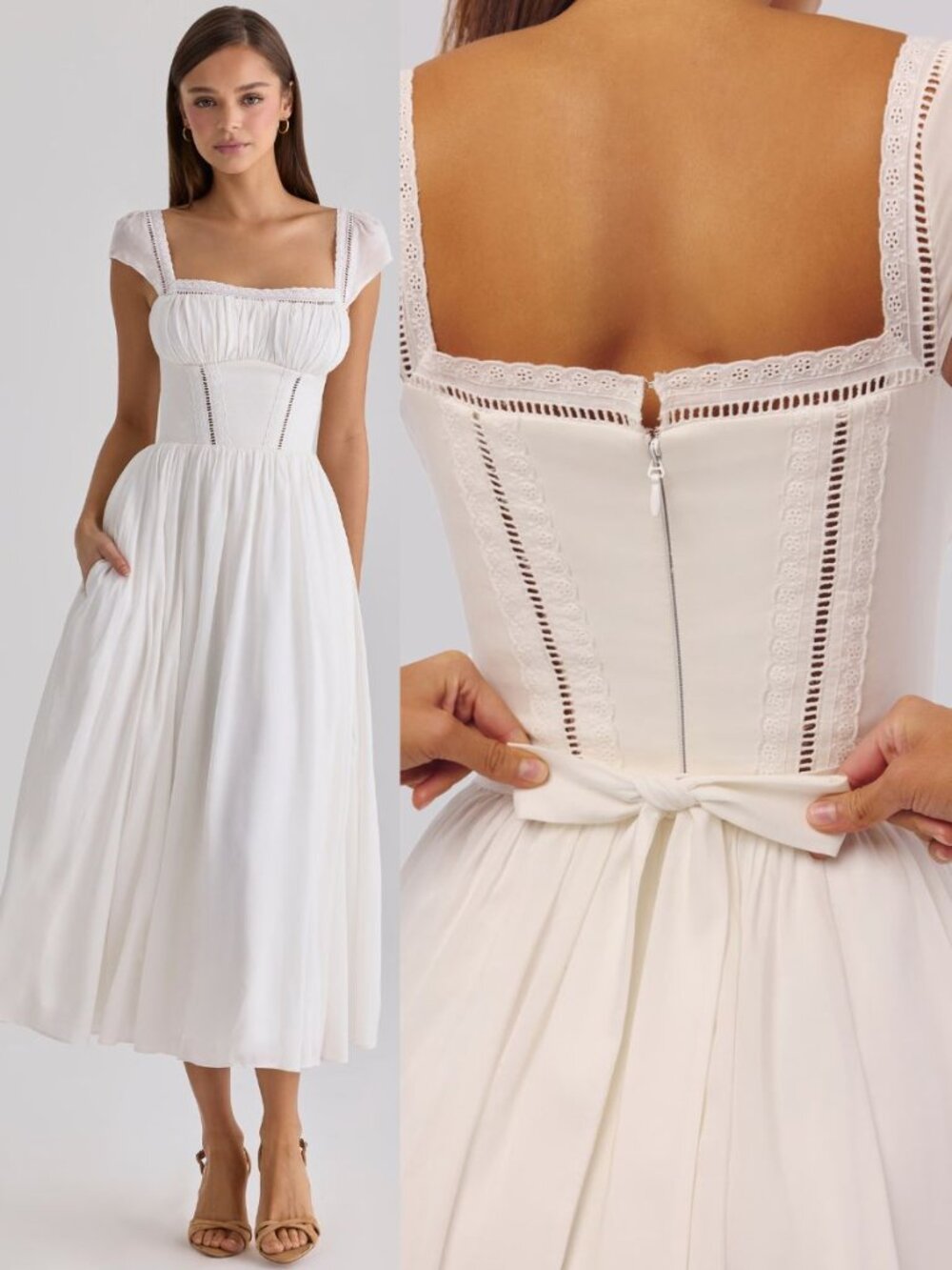 House of CB Thea Dress White Voile Broderie Anglais Lace Trim Midi Size XS - Picture 11 of 12